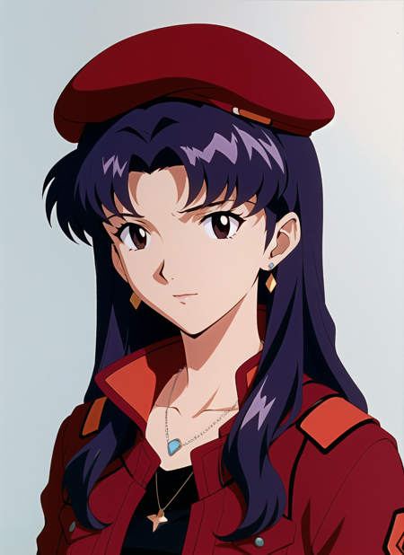 evangelion anime style, anime screencap, 1990s_\(style\),  katsuragi misato, 1girl, artist name, beret, black shirt, blue background, breasts, brown eyes, closed mouth, cropped jacket, earrings, expressionless, hat, jacket, jewelry, lips, long hair, long sleeves, mature female, medium breasts, necklace, open clothes, open jacket, parted bangs, purple hair, red headwear, red jacket, shirt, solo, stud earrings, upper body,  ((masterpiece))   <lora:evangelion_anime_style_offset:1>