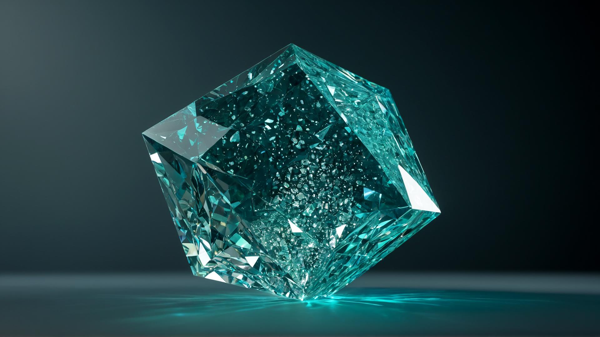 A floating crystal structure, slowly rotating in mid-air. The crystals glow with a soft, internal lightâmostly blues and greensâwhile the background fades into a dark, gradient void. Soft reflections and shadows create a sense of realism., Photorealistic, Hyperrealistic, Hyperdetailed, analog style, soft lighting, subsurface scattering, realistic, heavy shadow, masterpiece, best quality, ultra realistic, 8k, golden ratio, Intricate, High Detail, film photography, soft focus