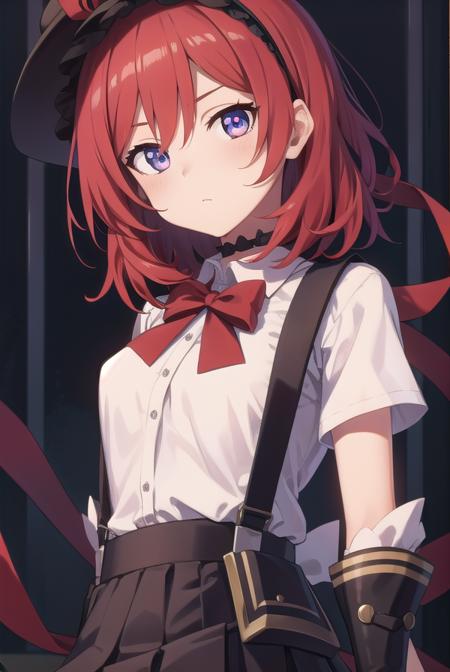 makinishikino, <lora:makinishikinotest:1>, maki nishikino, (purple eyes:1.1), red hair, short hair,
BREAK black headwear, black thighhighs, bokura wa ima no naka de, bow, bowtie, choker, fingerless gloves, frilled thighhighs, frills, gloves, half-skirt, hat, headband, mini hat, navel, red bow, red gloves, red hair, shirt, short sleeves, skirt, suspender skirt, suspenders, thighhighs, white shirt,
BREAK looking at viewer,
BREAK classroom,
BREAK <lora:GoodHands-vanilla:1>, (masterpiece:1.2), best quality, high resolution, unity 8k wallpaper, (illustration:0.8), (beautiful detailed eyes:1.6), extremely detailed face, perfect lighting, extremely detailed CG, (perfect hands, perfect anatomy),