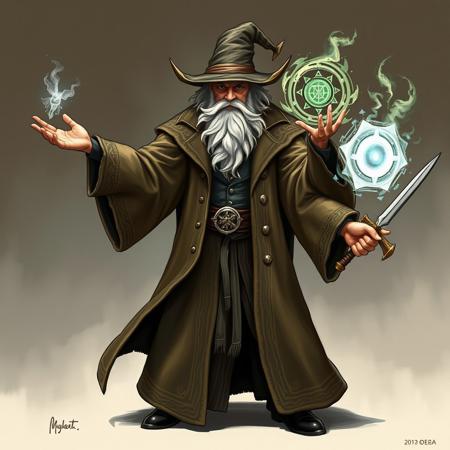 a wizard with four arms, wearing a detailed overcoat.
In one arm, he casts a spell, in the other a magic circle,
and in the other two arms, he holds weapons