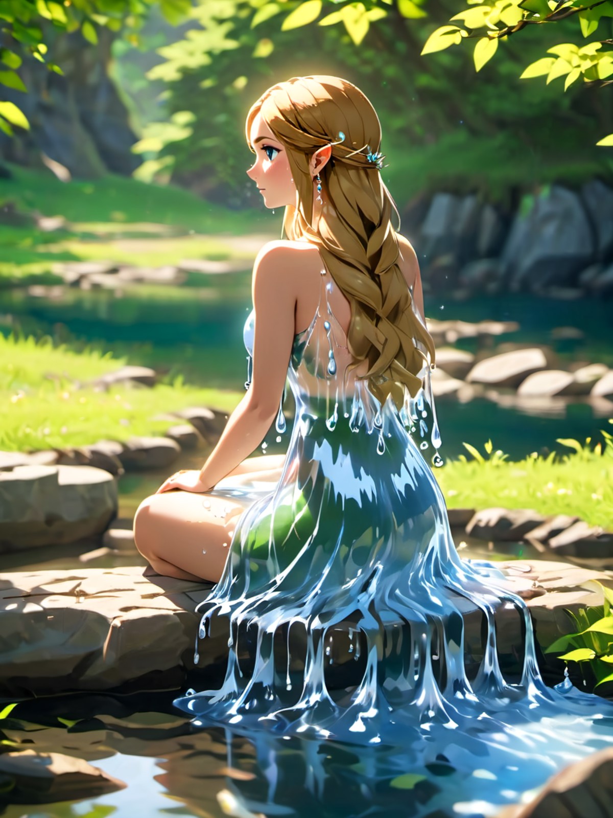 Legend of Zelda style beautiful woman wearing a (water dress) Sitting in LâAnse aux Meadows National Historic Site, <lor...