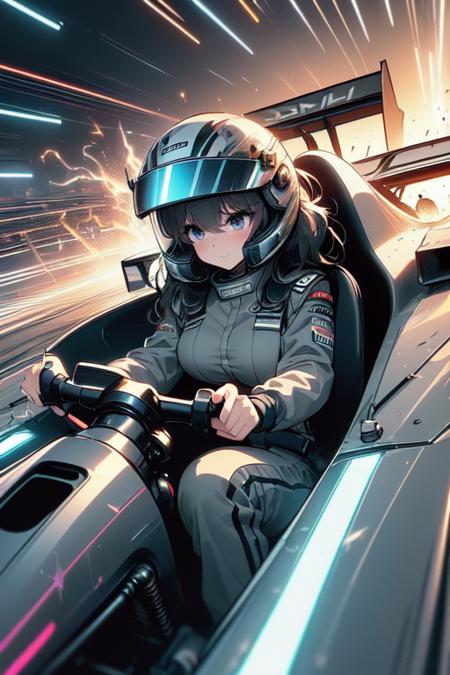 driving a formula racing fingers on steering wheel sitting on cockpit sharp eyes helmet uniform speed lines electric current spiral wind  neon lights dust spark shards