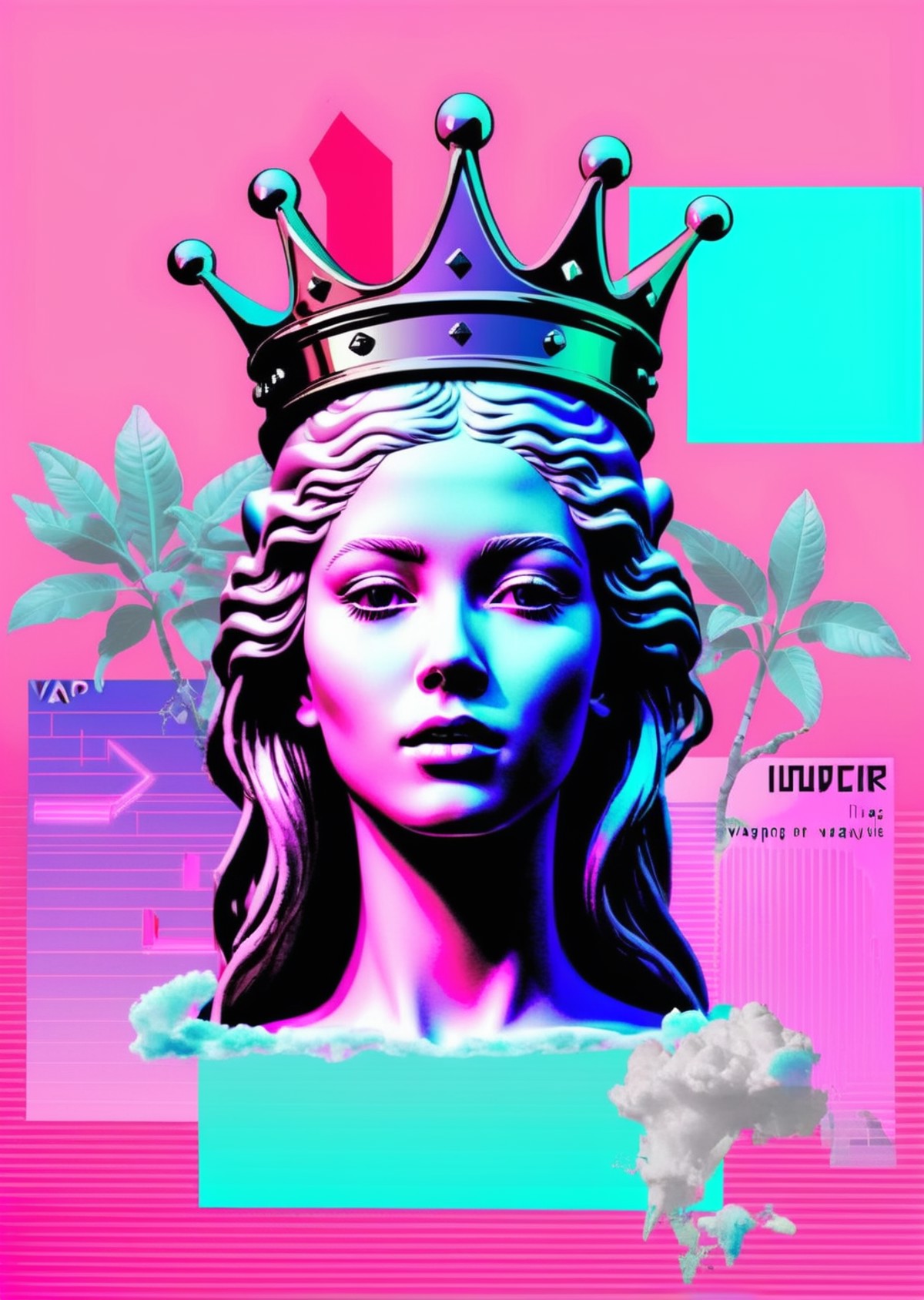 a woman with a crown on her head and a pink background and a message that reads : 'VAPOR-GRAPHIC',   <lora:vapor_graphic_s...