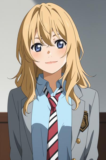 miyazono kaori, blonde hair, long hair, hair between eyes, blue eyes, school uniform, long sleeves, blazer, grey jacket, blue shirt, collared shirt, red necktie, striped necktie, untucked shirt, grey skirt, plaid skirt, pleated skirt, black kneehighs, loafers