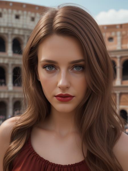 <lora:t4y10r_16SD-000007:0.9>, a (medium shot) photograph of (beautiful 25 year old) (t4y10r woman:1.1) with medium brown hair as a tour guide,wearing a (russet brown) dress,holding an android tablet,standing in front of the Colliseum in Rome,sunny sky with few clouds,tourist crowds in background,(mahogany red lips),makeup and mascara,(face focus), cinematic photograph, photorealism, realistic lighting,(bokeh),realistic shadows,masterpiece,Award-winning, 8K wallpaper,Hyperrealistic, intricate detailed, subsurface scattering, rule of thirds, detailed pupils, 35mm photograph, detailed skin texture, subsurface scattering