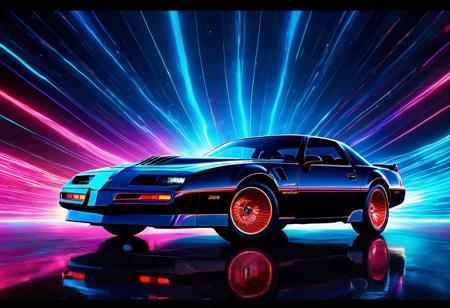 A dynamic animation of an 1986 Trans Am floating through a swirling, colorful wormhole, with vivid neon blues and reds shifting and pulsating. The car's movement is smooth, rotating slightly as cosmic energy flows around them. Light flares and particle effects enhance the depth, creating a mesmerizing sci-fi spectacle. Inspired by cinematic space travel scenes, high-speed motion, and volumetric lighting