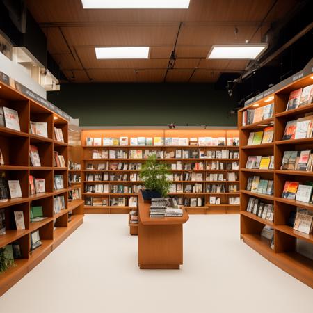 ohwx, library, realistic, bright, wide angle view, spot light, high light, wooden floor, white ceiling, trees, green, plants, the interior of a bookstore with shelves and lights, in the style of white and green, post-minimalist structures, craftcore, large-scale muralist, lively tableaus, subtle, earthy tones, mingei, raw, 4k, 8k, fuji film, super detail