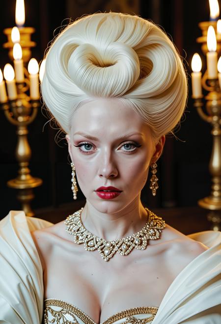close up analogue photo of a beautiful 25 years (((albino woman:1.5))) with white hair (((pale skin:1.5))), white hair, <lora:Lumiya_SDXL:0.6>, Clad in a dramatic black tulle skirt with a fitted bodice, long gloves, and a pearl-adorned fascinator, a woman glides through a candlelit hall set for a masquerade, chandeliers gleaming in rich gold detail.