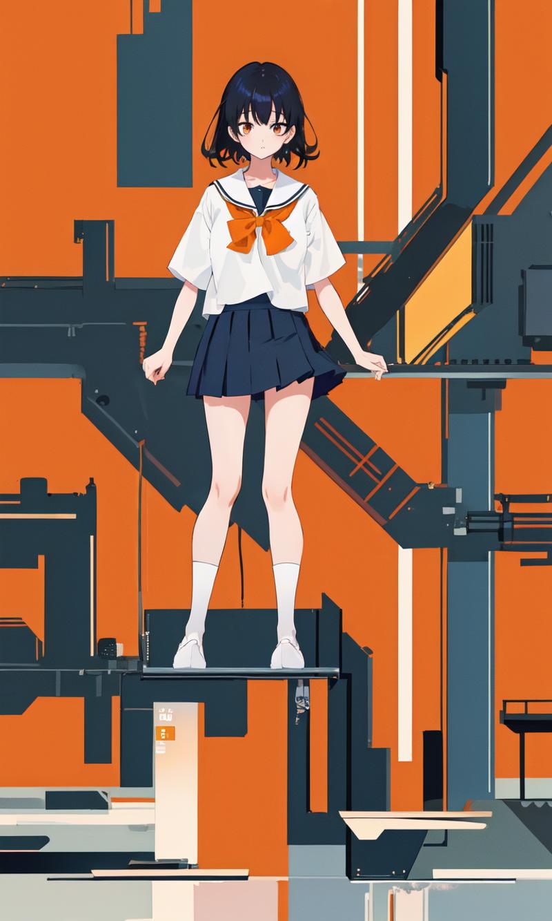 A young woman wearing a white shirt and blue skirt is standing on a platform, surrounded by a futuristic, mechanical environment. The scene has a neon orange background, and the woman appears to be looking down, possibly observing something below her.