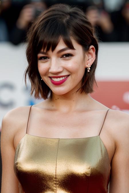 Realistic photo of a beautiful ursul4c-v1 woman, 1girl, solo, breasts, looking at viewer, smile, short hair, brown hair, dress, bare shoulders, brown eyes, jewelry, upper body, earrings, teeth, sleeveless, mole, grin, blurry, black dress, lips, depth of field, blurry background, freckles, mole on breast, realistic, nose, mole on cheek, soft lighting, professional Photography, Photorealistic, detailed, RAW, analog, sharp focus, 8k, HD, DSLR, high quality, Fujifilm XT3, film grain, award winning, masterpiece<lora:ursul4c-v1:1.0>