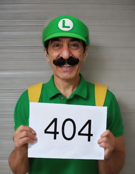 A man in a green and yellow shirt holding a 404 error sign.