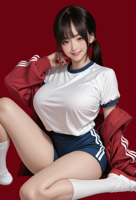 ruanyi0938,blue shorts,gym uniform,red jacket,open jacket,white socks,sneakers