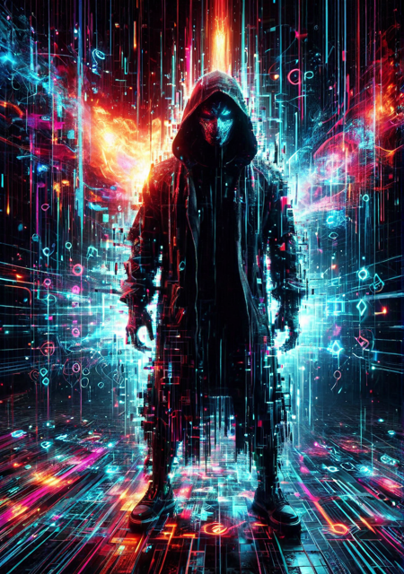 masterpiece, 8k, ultra detailed, dynamic lighting, volumetric glow, sharp contrast, ambient occlusion, rich palette, high resolution, vivid textures, surreal light, glitch noise,
hooded figure, floating arms, glowing symbols, neon blood, pixel mask, digital halo, fractured hands, cyber bones, glitch cloak, electric crown,
ritual stance, circle glitch, shape distortion, static flame, data burn, time bend, glitch loop, pixel pulse, symbol shift, morphing space,
fractured altar, broken monoliths, glowing glyphs, electric smoke, pixel candles, glitch floor, digital moon, chaotic fog, hologram ruins, data storm  <lora:Glitch Style:1>