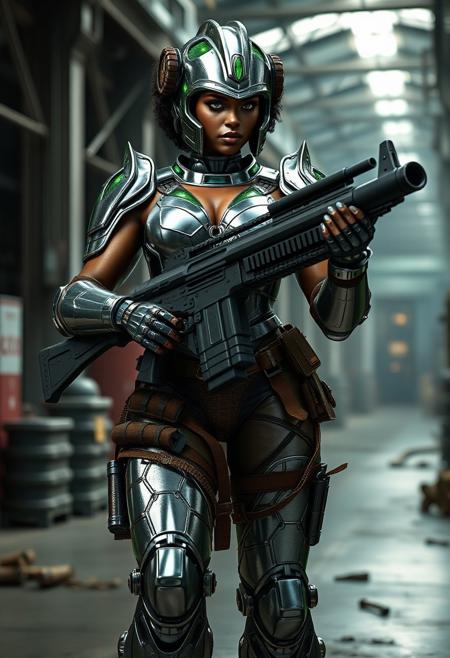 Videogame unreal engine 4 render image of a tall large bodybuilding buff muscular sexy hot black female soldier from the year 2150, cool sexy futuristic military character design, she has short curly hair, green eyes, green lipstick, she is tall and large and has huge breasts and muscles, she is wearing full body chrome military armor that's inspired by gladiators from Rome, including a roman gladiator helmet with a green transparent eye visor, the armor is chrome eith green LED embedded in it, her chrome armor is showing signs of damage and degradation, bullet marks, scratches amd grime, she is also wearing brown military and ammo pouches on her legs and belt, she is standing in a factory, she is holding a large heavy machine gun thats belt fed bullets, industrial lighting, epic pose.