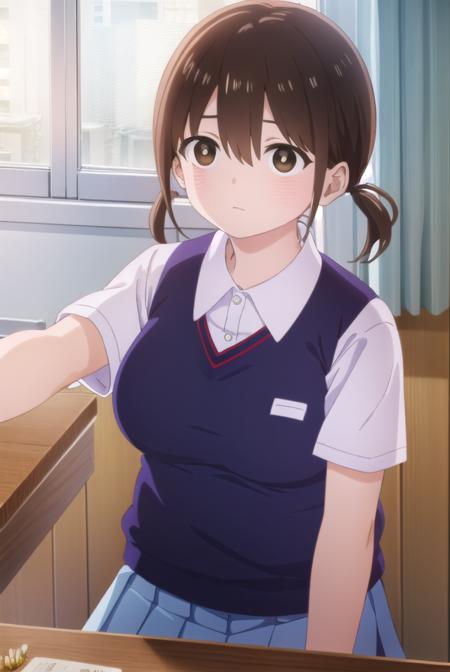 honokahara, <lora:honoka hara s1-lora-nochekaiser:1>,
honoka hara, short hair, brown hair, hair between eyes, twintails, (brown eyes:1.5), low twintails, short twintails,
BREAK skirt, shirt, school uniform, white shirt, short sleeves, pleated skirt, collared shirt, blue skirt, sweater vest, plump,
BREAK indoors, classroom,
BREAK looking at viewer, (cowboy shot:1.5),
BREAK <lyco:GoodHands-beta2:1>, (masterpiece:1.2), best quality, high resolution, unity 8k wallpaper, (illustration:0.8), (beautiful detailed eyes:1.6), extremely detailed face, perfect lighting, extremely detailed CG, (perfect hands, perfect anatomy),