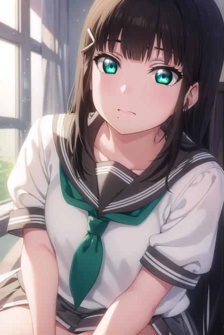 diakurosawa, <lora:dia kurosawa s2-lora-nochekaiser:1>,
dia kurosawa, long hair, bangs, black hair, hair ornament, (green eyes:1.3), sidelocks, hairclip, blunt bangs, mole, mole under mouth,
BREAK skirt, school uniform, short sleeves, pleated skirt, serafuku, socks, neckerchief, kneehighs, black socks, green neckerchief, grey skirt, uranohoshi school uniform,
BREAK indoors, classroom,
BREAK looking at viewer, (cowboy shot:1.5),
BREAK <lyco:GoodHands-beta2:1>, (masterpiece:1.2), best quality, high resolution, unity 8k wallpaper, (illustration:0.8), (beautiful detailed eyes:1.6), extremely detailed face, perfect lighting, extremely detailed CG, (perfect hands, perfect anatomy),