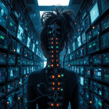cinematic photo a hacker girl with a mechanical spine directly plugged into a massive data hub, downloading information in a dark, high-tech room filled with screens. 35mm photograph, film, bokeh, professional, 4k, highly detailed