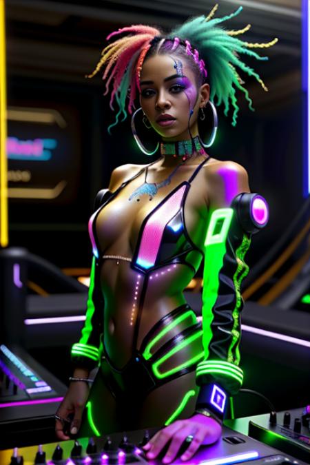 A photo of a cyberpunk DJ female, with vibrant neon-colored hair and intricate face paint that glows under UV lights. She wears a stylish ensemble of cyberpunk fashion, complete with luminous accessories. The environment is an underground cyberpunk nightclub, pulsating with electrifying music and immersive holographic visuals. Dynamic lighting and laser beams fill the air, adding to the energetic atmosphere. The camera is positioned on the DJ booth, capturing her commanding presence and the vibrant crowd.
 <lora:CyberPunk4:0.4>