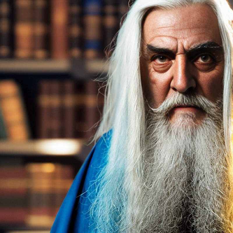 raw photo of arugged fantasy wizard, wearing torn wizard robes, old and wrinkled, long white hair and beard, library, book...