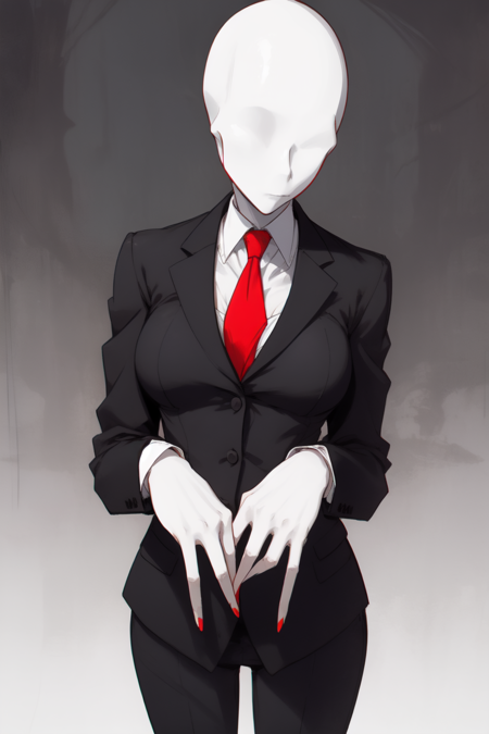 SlenderGirl, 1girl, black suit, red tie, no face, bald, cleavage