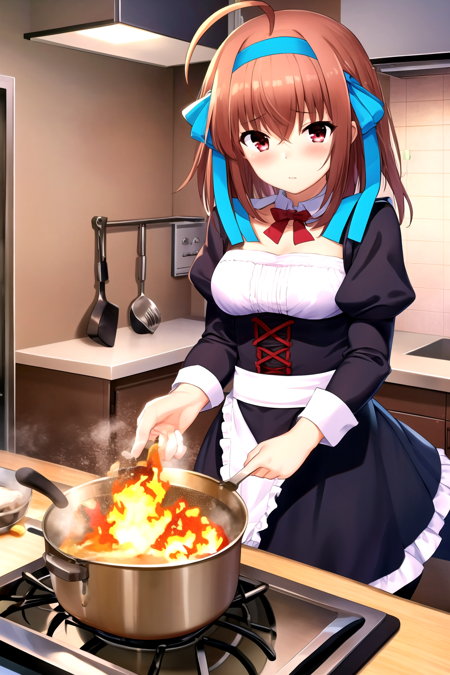 masterpiece, best quality, 1girl, takanashisora, blush, brown hair, ahoge, blue hair ribbon, hairband, maid outfit, looking at viewer, panic, messy kitchen, fire, kitchen background <lora:TakanashiSoraV2:1>