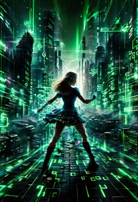 (digital, cyber style text) Alice In a futuristic, digital world, ALice stands in a fighting stance, with a cascade of green code falling in the background. Surrounding him are the iconic urban elements of the Matrix, including skyscrapers and dark alleyways. The scene is photographed from a dynamic angle, highlighting the realism of the digital effects and Alice's intense focus. The lighting emphasizes the contrast between the dark, shadowy environment and the glowing green code, creating a thrilling and otherworldly atmosphere. 
 <lora:aidmaGlitchStyle-v0.1:0.75> glitch, flickering, digital, glitching
 <lora:SDXLFaeTastic2400:0.35>
 <lora:aidma-Image Upgrader-v0.1:0.4>