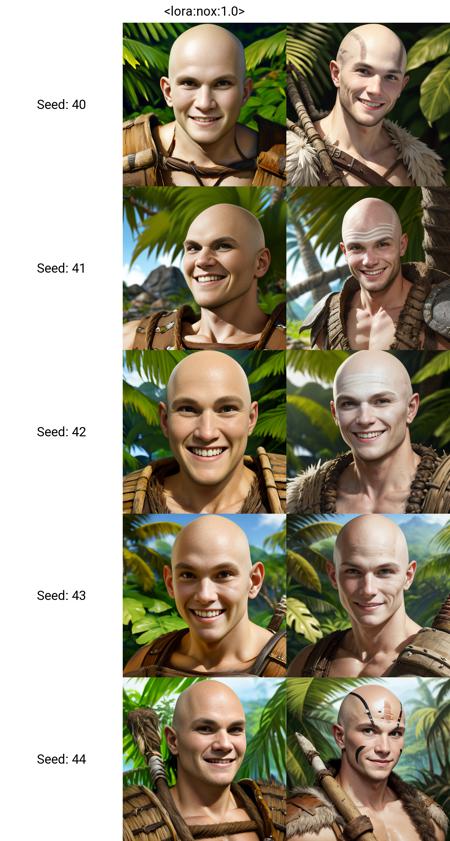 <lora:nox:1.0>. A young man. White paint of a face. Light smile. Barbarian. Bald. Primitive clothes. Blurry background with tropical plants. Portrait of a RPG character. Extreme close up.