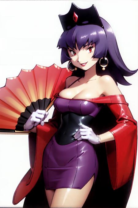 (masterpiece, best quality:1.2), 1girl, solo, sabrina, pokemon, mystery door, tiara, dress, holding fan, jewelry, collarbone, white gloves, looking at viewer, large breasts, cleavage, long hair,  purple hair, wide sleeves, red eyes, hand on hip, purple lips, off shoulder, off-shoulder dress, smile,  lipstick, gloves, earrings, hand fan, simple background <lora:SABRINA-15:0.9> <lora:kenSugimori1990sClassic_v12:0.8>