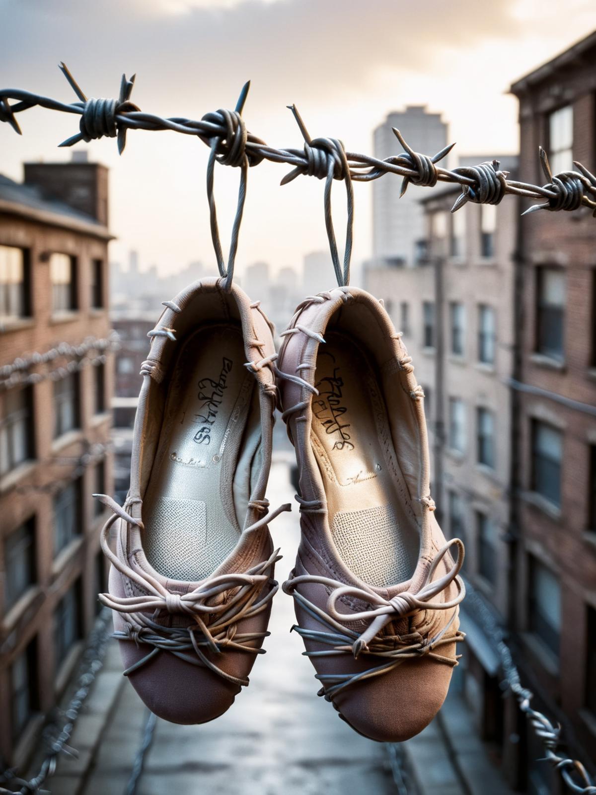 A pair of shoes hanging from a wire fence in front of a city skyline.