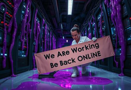 A high-tech server room in ruins, illuminated by the eerie glow of malfunctioning neon-blue and red LED lights. The walls are lined with towering server racks, each oozing thick, jelly-like purple goo that drips from vents and pours from cracks. The goo gleams unnaturally, casting faint purple light onto the floor, which is slick and reflective. Wires hang limply, and some spark with electricity, adding to the chaotic, rotten ambiance.
Amid the chaos, a perfectionist cleaning woman with a determined expression meticulously scrubs at the goo with a professional-grade cleaning tool. She is dressed in a spotless uniform, complete with gloves and a neatly tied back hairstyle. Her pristine appearance is in sharp contrast to the grimy, deteriorated environment.
In the foreground, a large banner hangs crookedly to one side, reading: “We Are Working to Be Back Online” in bold, futuristic typography. The shot is taken with a 12mm cinema fisheye lens, giving a dramatic distortion to the scene. The servers seem to curve ominously toward the viewer, amplifying the sense of decay and urgency in the room.
