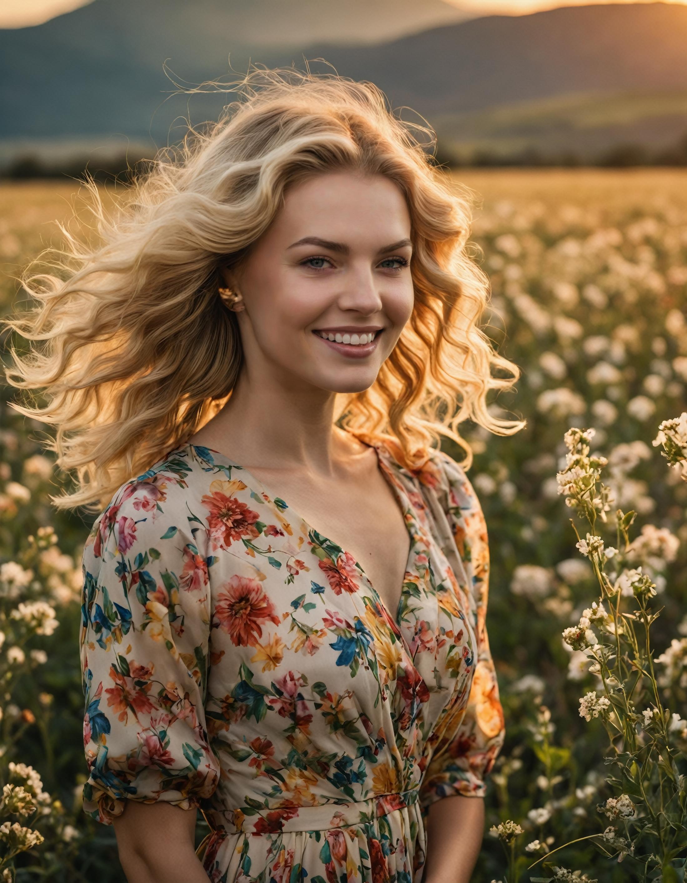 A young woman in a flowery dress posing in a field of flowers.