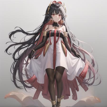 Lucia, 1girl, solo, long hair, breasts, looking at viewer, bangs, simple background, black hair, hair ornament, red eyes, gloves, white background, dress, bare shoulders, jewelry, very long hair, closed mouth, standing, full body, pantyhose, red hair, multicolored hair, earrings, black gloves, elbow gloves, white dress, two-tone hair, gradient, black pantyhose, strapless, black background, 1girl, masterpiece, highest quality, best quality, , highly detailed, best illustration, glowing hair <lora:Lucia-10:0.5>