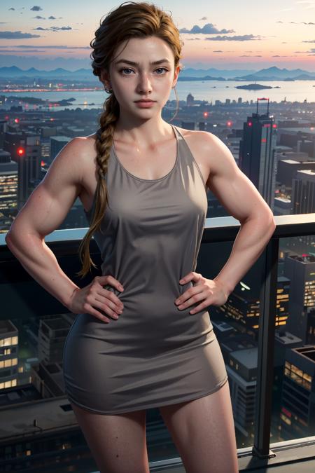 ((masterpiece, best quality))
 <lora:TLOU2Abby:0.8>
TLOU2Abby, 1girl, solo, muscular, single braid, overlooking a cityscape at night from a skyscraper, short dress, standing with hands on hips