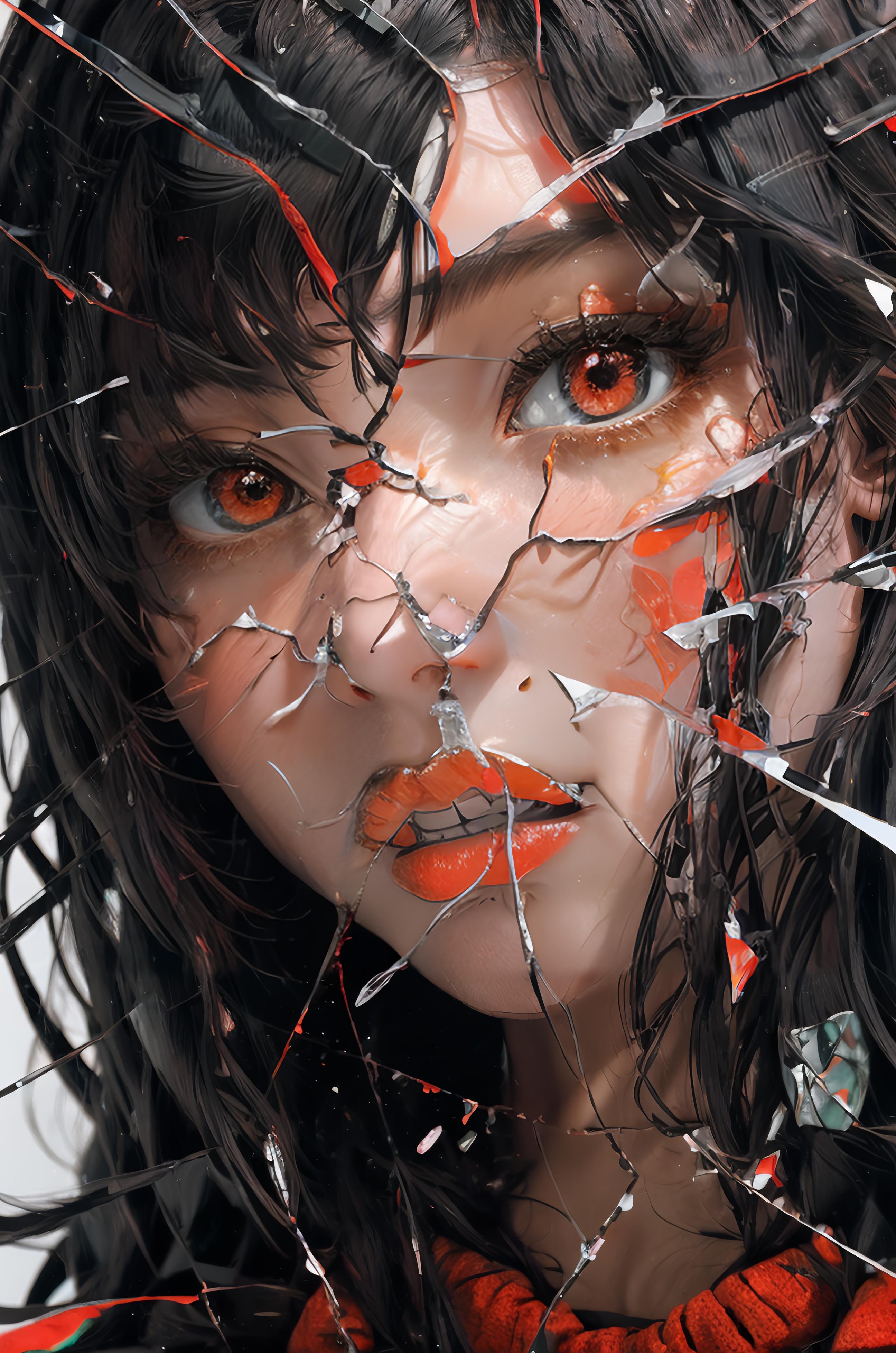 Artistic Image of a Woman with Red Eyes and Orange Lips, Surrounded by Shattered Glass.