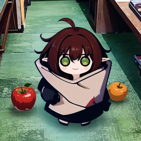 bagcat, 1girl, food, solo, fruit, green eyes, apple, ahoge, pointy ears, chibi, meme, brown hair, red hair, looking at viewer, long hair <lora:bagcat-000012:1>