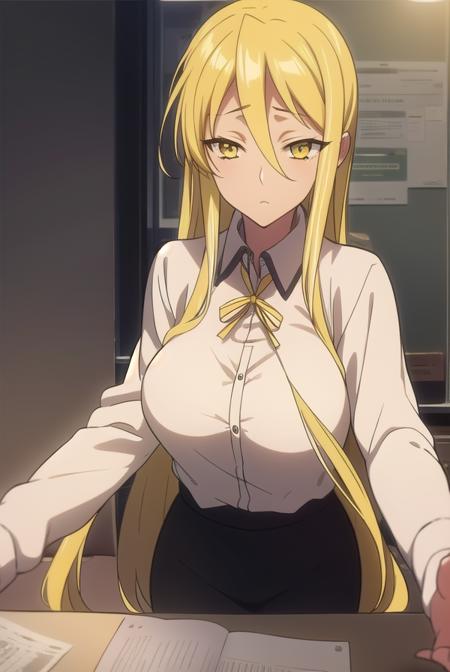 shizukamarikawa, <lyco:shizukamarikawa-LYCORIStest:1>,
shizuka marikawa, long hair, blonde hair, very long hair, low-tied long hair, (yellow eyes:1.5), hair between eyes,
BREAK skirt, shirt, long sleeves, ribbon, white shirt,
BREAK looking at viewer,
BREAK indoors, classroom,
BREAK <lora:GoodHands-vanilla:1>, (masterpiece:1.2), best quality, high resolution, unity 8k wallpaper, (illustration:0.8), (beautiful detailed eyes:1.6), extremely detailed face, perfect lighting, extremely detailed CG, (perfect hands, perfect anatomy),