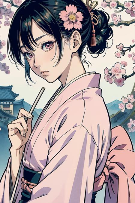 a close up of a person in a pink kimono, coloured manga scan, sui ishida art manga, inspired by Kusumi Morikage, female samurai, manga style of kentaro miura, high quality colored sketch, by Yoshiyuki Tomino, koyoharu gotouge, inspired by Nishikawa Sukenobu, harumi, omina tachibana
