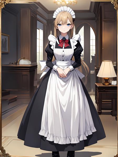 8k, masterpiece, highly detailed, anime style, solo, breathtakingly beautiful 1girl, (maid), full body, bow, (antique brooch) <lora:victorian_maid-1.0:0.8>