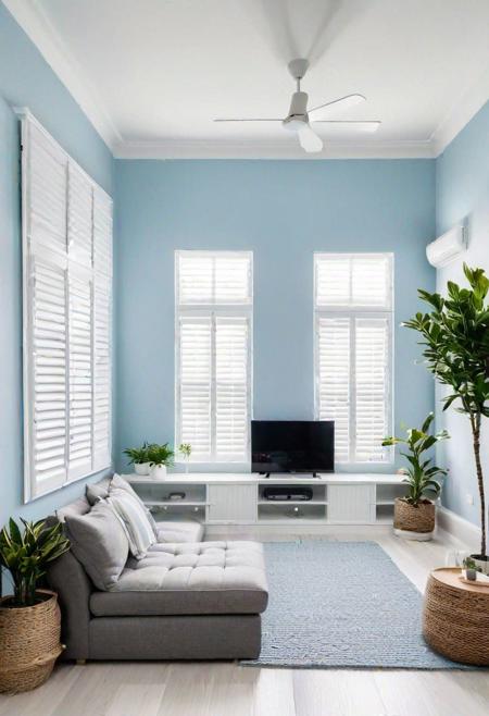 Photograph of a room, modern style design, japandi, light blue walls, white window frames, white window shutters, white ceiling, white skirting, grey timber flooring, cozy furniture, 3 seater sofa, entertainment unit, 75 inch TV, indoor plants, rattan furniture