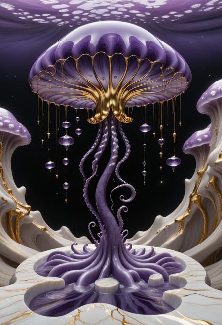 A surreal scene where liquid marble forms the sky itself, swirling in deep purples, blues, and golds. Floating high above, golden islands of glowing marble drift lazily, each adorned with sparkling crystal trees and cascading waterfalls of liquid gold. Beneath the islands, glowing jellyfish hover, their tentacles casting ripples of light on the marble sky. Stars twinkle like tiny diamonds, reflected in the marble surfaces below. A faint breeze carries soft sakura petals that swirl through the sky, giving the illusion of weightlessness. The entire scene feels like a cosmic dream, suspended between time and space.