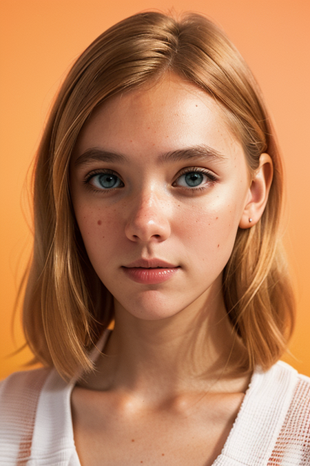 AndreaFrolikova, Century Camera Co. Studio, 160mm f/8, 1/10s, ISO 25, ((tintype, portrait, full color, bold color, orange, red, gradient)), blouse, ((geometric halftone background))