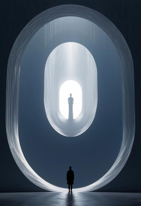 A solitary human figure stands in silhouette at the center of the composition, black and white image, positioned before a massive oval-shaped portal structure. The portal, formed from flowing, ethereal material, curves upward and inward in symmetrical arcs, with bright white light emanating from its central opening. The entire scene is set against a deep navy blue background that extends from edge to edge. The small black silhouetted figure provides scale contrast against the towering portal structure, which occupies the upper two-thirds of the frame. The portal's flowing material has a translucent, glass-like quality that catches and reflects the white light from within. Documentary-style photography with dramatic lighting and strong contrast between light and dark elements.