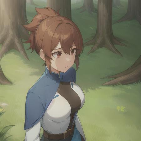 a woman, forest, blue sleeves and white outfit,very short ponytail, brown belt is, standing <lora:marc1:0.7>, perfect resolution, illustration, dota dragon's blood style, <lora:armbinder_v10:0.3>