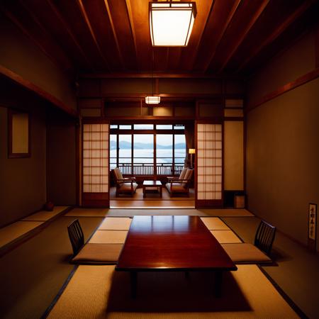 ryokan, scenery, table, chair, indoors, window, sliding doors, shadow, tatami, door, realistic,