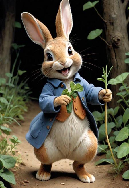 minimalist painting, pen and ink sketch, colorful,
black background, Peter Rabbit, happy face expression, action-packed, by Beatrix Potter, elaborate, masterpiece, detailed