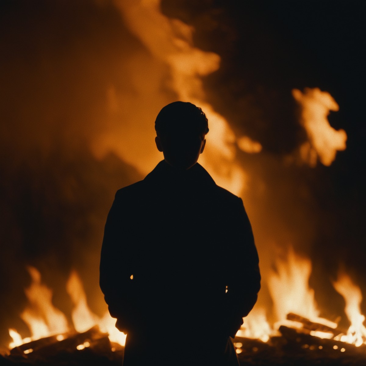 cinematic film still of  <lora:silhouette style:1>
A silhouette photo of a person standing in front of a fire,solo,short h...