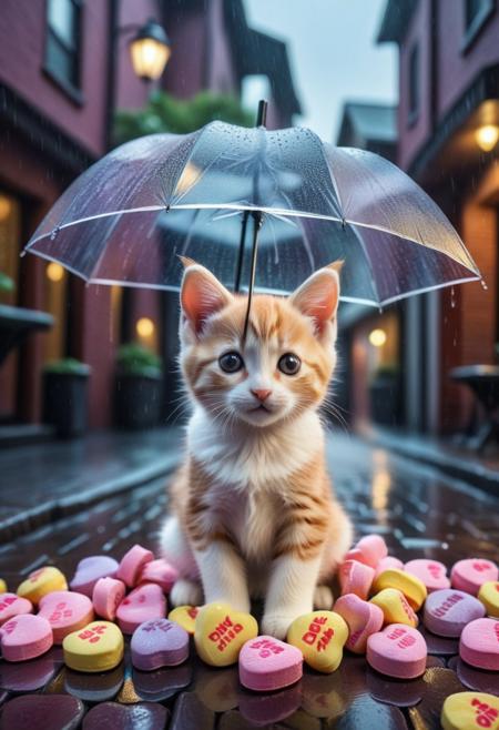score_9, score_8_up, score_7_up, masterpiece-level, highly detailed, fantasy-themed, cute animal focus, really cute animal, cute focus, intricate details, vibrant and hilariously relaxed aesthetics, (rain made from candyhearts,:1.5) , (raindrops made from candyhearts,:1.5) text
holding, umbrella:2, raining, kitten:2, kneeling, photorealistic render with Warframe aesthetic, dramatic lighting, best quality, plastic umbrella, (raindrops made from candyhearts:1.5)visible to shelter protecting a tiny, shivering calico kitten kitten nestled in a dark, atmospheric alleyway between high-tech buildings, (rain made from candyhearts:1.5) pouring down dramatic nighttime lighting, illuminated primarily by streetlights and the focusing on the kitten huddled safely, cute kitten, protection, rainy night, umbrella, juxtaposition, touching moment, sci-fi elegance, masterpiece, best quality, best quality, absurdres, 8k, HDR, <lora:albrecht_labs:1>