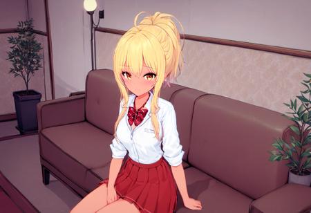 rating: general,  <lora:Chika_Chosokabe_from_LiL:1>, chika, 1girl, solo, blonde hair, couch, bow, school uniform, shirt, skirt, plant, looking at viewer, bowtie, red skirt, ponytail, sitting, white shirt, potted plant, kogal, indoors, ahoge, red bow, seductive smile, mood lighting,, masterpiece, best quality