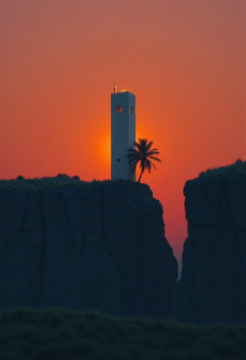 A white narrow tower standing on top of a rocky cliff formation with a small palm tree growing beside it near the base of the tower. The scene is backlit by intense orange and red sunset lighting that creates a dramatic silhouette effect, turning the rocky cliffs and foreground vegetation into dark silhouettes against the bright sky. Rocky cliff formations frame both sides of the composition, creating a natural gap next to the tower. 