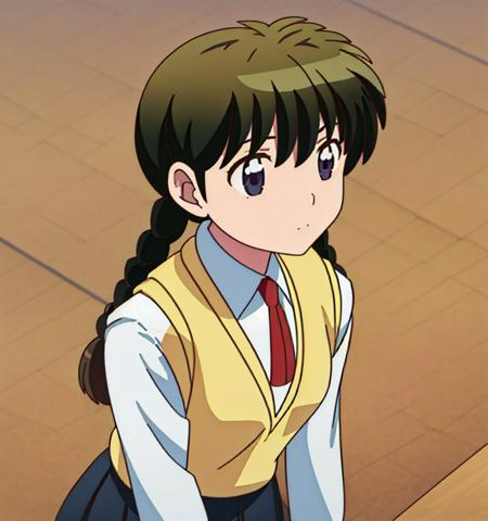 (masterpiece, best quality, detailed face:1.2)
 <lora:mamiya_v2:0.9>, mamiya, 1girl, solo, school uniform, skirt, tie, sweater vest,
, simple background,